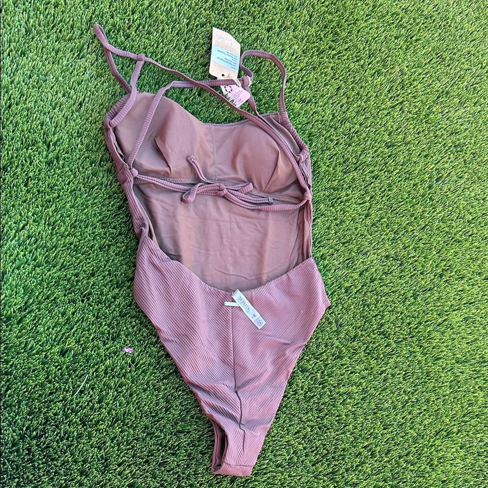 Ribbed Mauve One-Piece Swimsuit - Soft Textured Swimwear - Picture 2 of 2